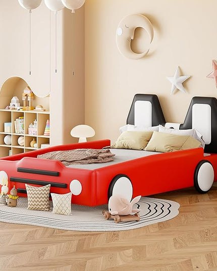 Twin Size Race Car Bed Platform Bed with Wheels and Side Rails,Bed Frame W/Headboard & Slats Support,for Kids Boys Girls Teens,Red - LeafyLoom