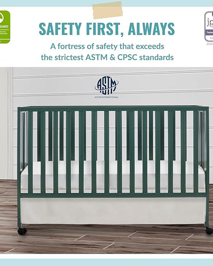 Quinn Full-Size Folding Crib in Olive, Removeable Wheels, Modern Nursey, Adjustable Mattress Support, Portable Crib, Patented Folding System - LeafyLoom