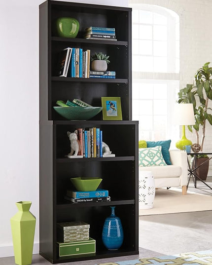 ClosetMaid Bookshelf Tiers, Adjustable Shelves, Tall Bookcase Sturdy Wood with Closed Back Panel, Black Walnut Finish, 6-Shelf Hutch - LeafyLoom