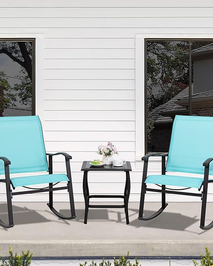 Shintenchi 3 Piece Rocking Bistro Set, Outdoor Furniture with Rocker Chairs and Glass coffee table set of 3, Balcony, Porch Furniture for Small Space, Blue - LeafyLoom