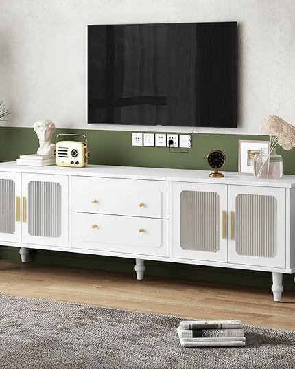 Merax Retro Design TV Stand with Fluted Glass Doors and 2 Drawers and Cabinets for Televisions Up to 78'', Practical Media Console, Elegant Entertainment Center for Living Room, White - LeafyLoom
