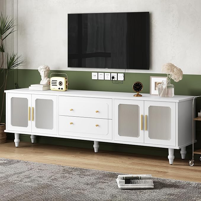 Merax Retro Design TV Stand with Fluted Glass Doors and 2 Drawers and Cabinets for Televisions Up to 78'', Practical Media Console, Elegant Entertainment Center for Living Room, White - LeafyLoom