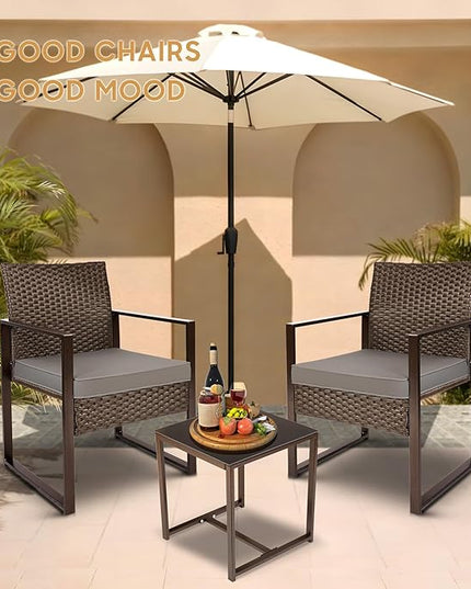 YIYAN 3 Pieces Outdoor Furniture Set Patio Rattan Wicker Chairs & teatable,Lawn Garden Balcony Backyard,with Washable Cushion (Gray) - LeafyLoom