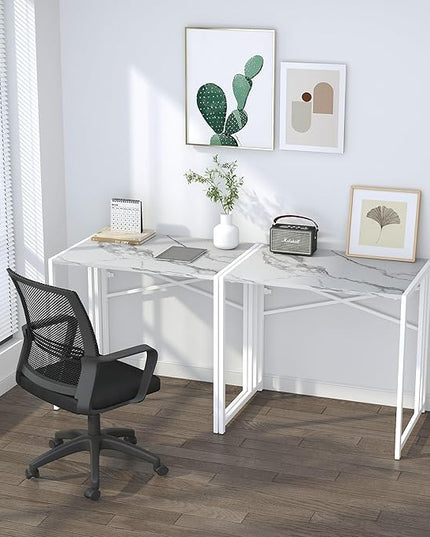 32 inch Folding Small Desk, Writing Gaming Computer Camping Desk for Small Spaces, No Assembly Required Home Office Desk, White Marble - LeafyLoom