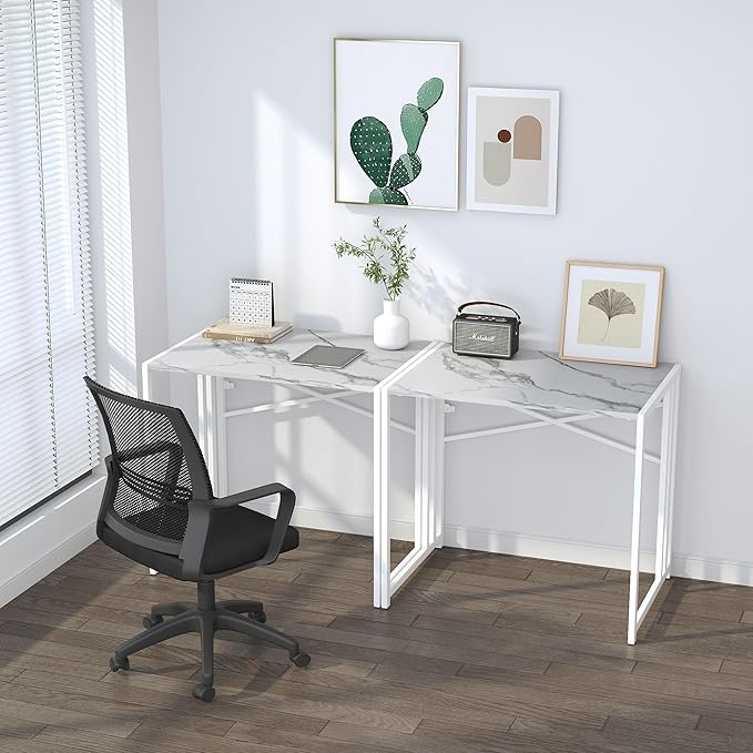 32 inch Folding Small Desk, Writing Gaming Computer Camping Desk for Small Spaces, No Assembly Required Home Office Desk, White Marble - LeafyLoom