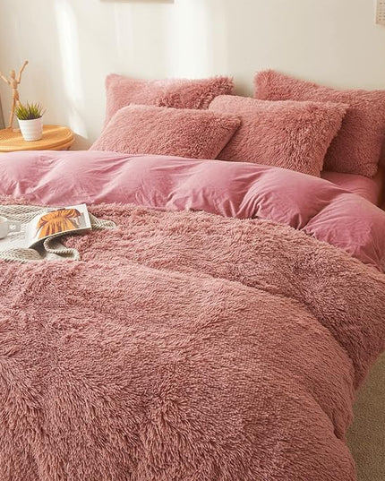 FOPPA Old Pink fluffy Comforter Cover Set king- Ultra Soft fluffy Old Pink Bedding Sets 3 Pieces (1 Duvet Cover + 2 Pillow case) Old Pink fluffy bed set (Old Pink, King) - LeafyLoom