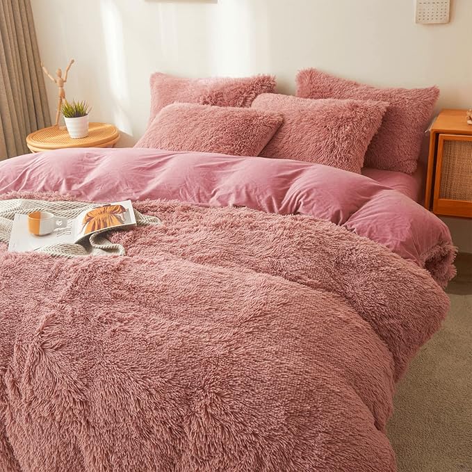 Fluffy old pink comforters Cover twin size - Ultra Soft Plush old pink bedding Sets 2 Pieces (1 faux fur comforter Cover + 1 fuzzy pillow case) girls shaggy old pink twin bed set (Old Pink, Twin) - LeafyLoom
