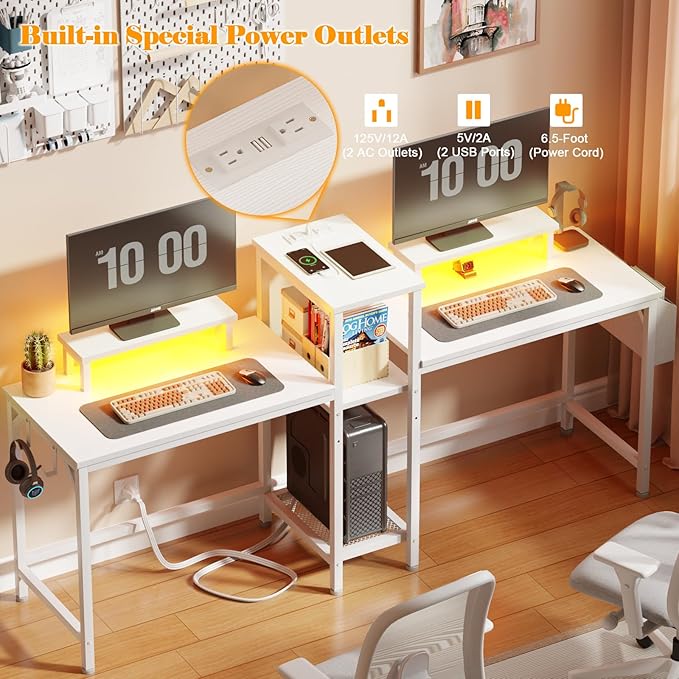 Furologee 2 Person Gaming Desk with LED Lights, 71 Inch Computer Desk with Power Outlets and Monitor Stand, Double Desk with Storage Bag and Headphone Hooks, Study Writing Table for Home Office, White - LeafyLoom