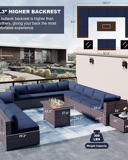 Kullavik 15PCS Outdoor Patio Furniture Set with 43" 55000BTU Gas Propane Fire Pit Table PE Wicker Rattan Sectional Sofa Patio Conversation Sets,Dark Blue - LeafyLoom