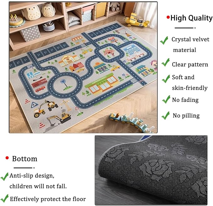 kid rug carpet playmat for toy cars and trains,road traffic kids play area rug,city Life town play Mat for Playroom Bedroom Boys,Children's Educational Fun Throw Rug with Rubber Backing 71X106IN - LeafyLoom