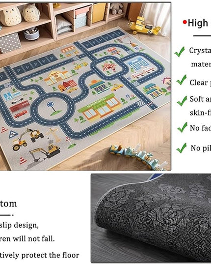 kid rug carpet playmat for toy cars and trains,road traffic kids play area rug,city Life town play Mat for Playroom Bedroom Boys,Children's Educational Fun Throw Rug with Rubber Backing 31X47IN - LeafyLoom