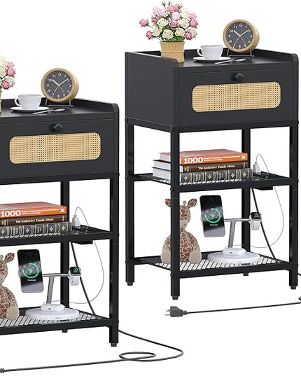 Night Stand set 2, Side Table with Rattan Drawer, Nightstand with Charging Station, Industrial Bedside Table with 3-Tier Storage, Black JET003CB2 - LeafyLoom