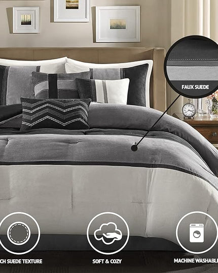 Madison Park Palisades Comforter Set Modern Faux Suede Pieced Stripe Design, All Season Down Alternative Cozy Bedding with Matching Shams, Decorative Pillows, Queen(90"x90"), Black 7 Piece - LeafyLoom