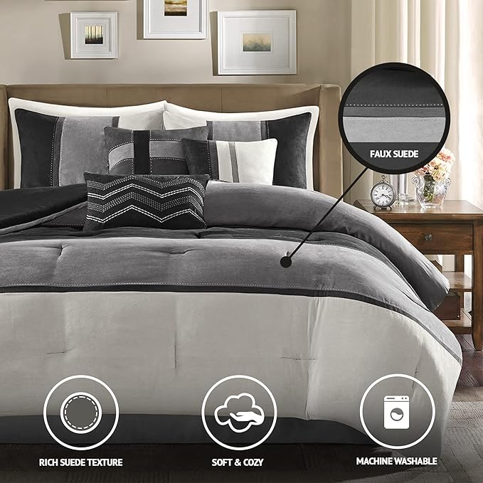 Madison Park Palisades Comforter Set Modern Faux Suede Pieced Stripe Design, All Season Down Alternative Cozy Bedding with Matching Shams, Decorative Pillows, Queen(90"x90"), Black 7 Piece - LeafyLoom