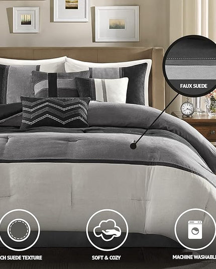 Madison Park Palisades Comforter Set Modern Faux Suede Pieced Stripe Design, All Season Down Alternative Cozy Bedding with Matching Shams, Decorative Pillows, King(104"x92"), Black 7 Piece - LeafyLoom