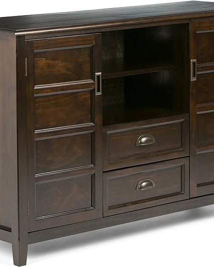SIMPLIHOME Burlington SOLID WOOD Universal TV Media Stand, 54 inch Wide, Traditional, Living Room Entertainment Center with Storage, for Flat Screen TVs up to 60 inches in Mahogany Brown - LeafyLoom