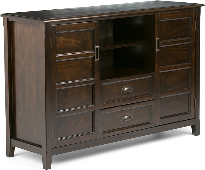 SIMPLIHOME Burlington SOLID WOOD Universal TV Media Stand, 54 inch Wide, Traditional, Living Room Entertainment Center with Storage, for Flat Screen TVs up to 60 inches in Mahogany Brown - LeafyLoom