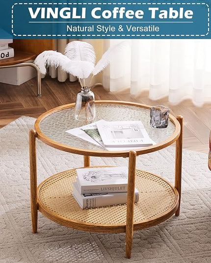 VINGLI 25.6" Rattan Coffee Table, Round Water-wave Glass Metal Center Table, Modern Coffee Table with 2-Tier Storage, Farmhouse Circular Coffee table for Living Room and Small Space, Natural Vibe - LeafyLoom