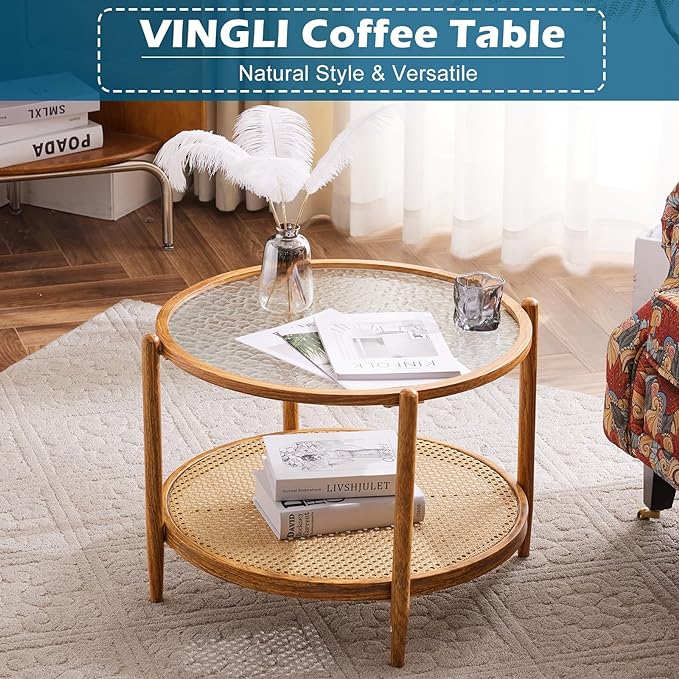 VINGLI 25.6" Rattan Coffee Table, Round Water-wave Glass Metal Center Table, Modern Coffee Table with 2-Tier Storage, Farmhouse Circular Coffee table for Living Room and Small Space, Natural Vibe - LeafyLoom