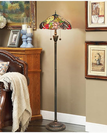 Tiffany Floor Lamp Dragonfly Style Spider Web Stained Glass for Living Room Bedroom Office Bright Lighting Rustic Corner Deco Standing Tall Vintage Unique Pull Chan Reading Aesthetic Lamps - LeafyLoom