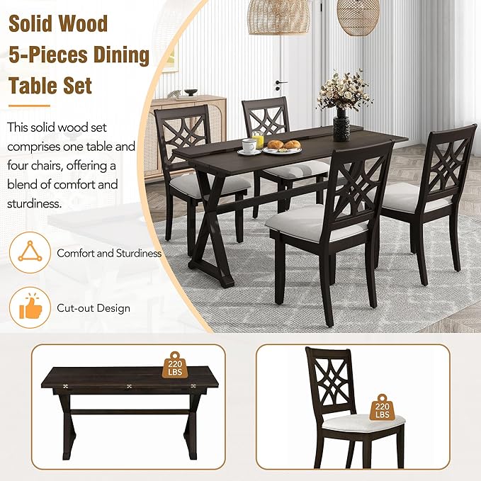 NicBex Small Kitchen Table Set for 4 Dining Room Set 5-Piece Extendable Rubber Wood Dining Table Set with X-Shape Legs for Small Space, Apartment, Studio, Walnut - LeafyLoom