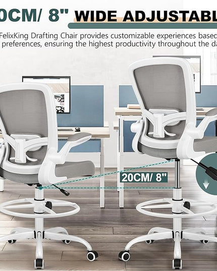 FelixKing Drafting Chair Ergonomic Tall Office Chair, Breathable Mesh Chair with Adjustable Footrest Ring Lumbar Support Flip-up Armrests, High Back Executive Comfy Task Computer Chair for Home Office - LeafyLoom