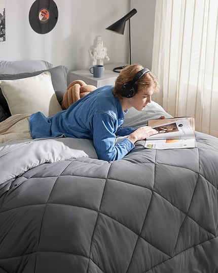 Bedsure Dark Grey King Size Comforter Set - 7 Pieces Reversible King Bed in a Bag, King Bed Set Dark Grey with Comforters, Sheets, Pillowcases & Shams - LeafyLoom