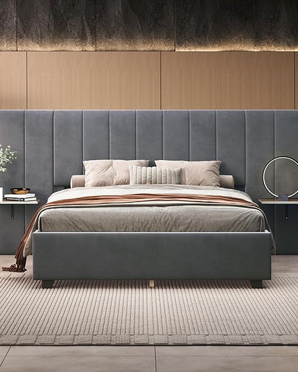 Queen Upholstered Platform Bed Frame with Extended Headboard and and Two Shelves, Velvet Bed, No Box Spring Needed, Gray - LeafyLoom