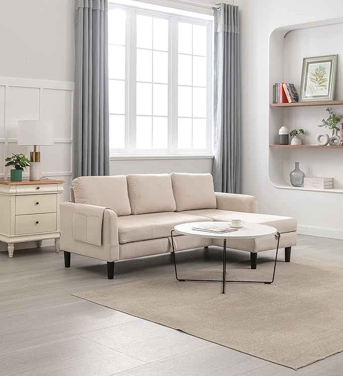 72.44" L-Shaped Reversible Sectional Sofa w/Pull Out Bed & Storage Chaise Lounge,Interior Furniture Comfy Sleeper Corner Couch with 3 Throw Pillows and Pockets,for Dorm,Apartment,Beige - LeafyLoom