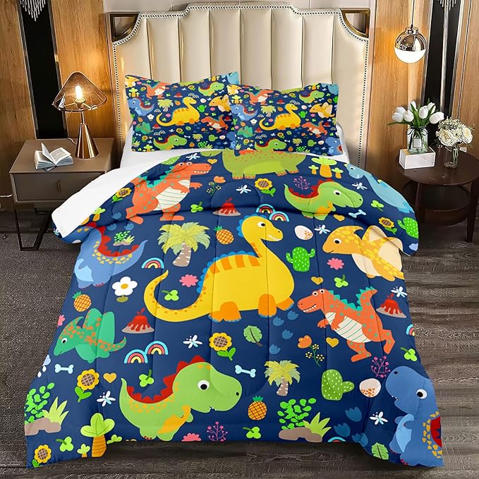 Dinosaur Comforter Set Queen, Dinosaur Bedding Set Queen for Boys Teens Room Dinosaur Blue Queen Size Comforter Sets Boys Queen Comforter Set Bedroom Decor, Queen (1 Comforter 2 Pillowcases) - LeafyLoom