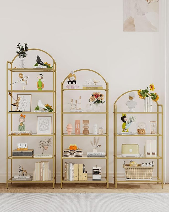 Bookcase Bookshelf, Tempered Glass Bookshelves, Slim Shelving Unit for Bedroom, Bathroom, Home Office, Steel Frame, 4 Tier Gold BC21499G - LeafyLoom