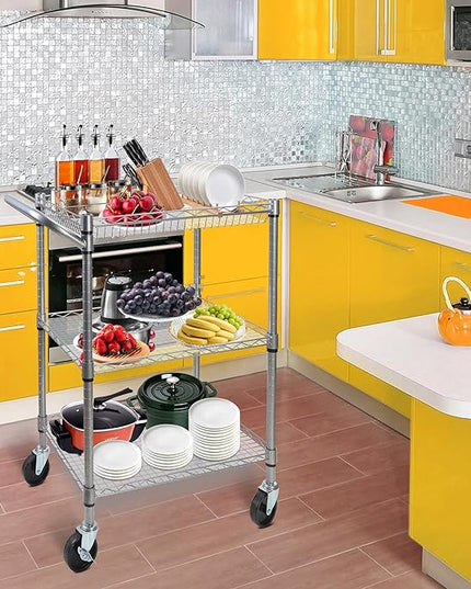 3 Tier Heavy Duty Rolling Utility Cart,18" D x 23.8" W x 36.6" H Rolling Carts with Wheels,Commercial Grade Metal Cart with Handle Bar & Shelf Liner,Trolley Serving Storage Cart for Kitchen Silver - LeafyLoom