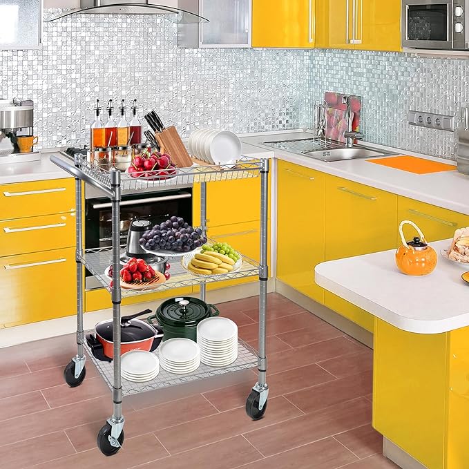 3 Tier Heavy Duty Rolling Utility Cart,18" D x 23.8" W x 36.6" H Rolling Carts with Wheels,Commercial Grade Metal Cart with Handle Bar & Shelf Liner,Trolley Serving Storage Cart for Kitchen Silver - LeafyLoom