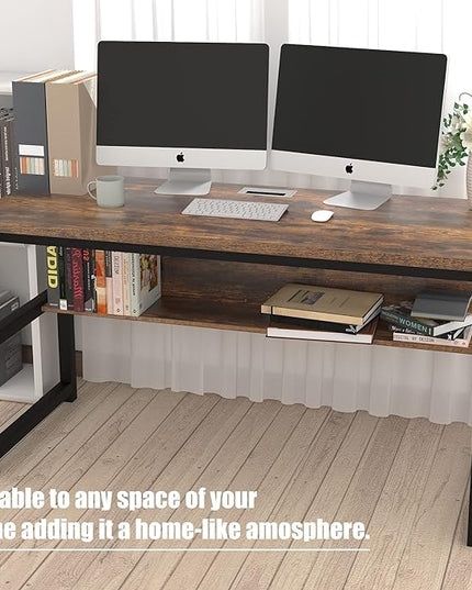 TOPSKY Computer Desk with Bookshelf/Metal Hole Cable Cover 1.18" Thick Desk (55", Rustic Brown) - LeafyLoom