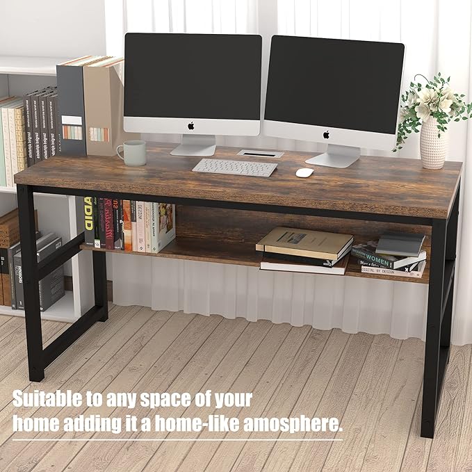 TOPSKY Computer Desk with Bookshelf/Metal Hole Cable Cover 1.18" Thick Desk (55", Rustic Brown) - LeafyLoom