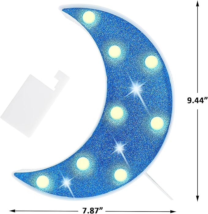 LED Moon Marquee Lights, Glitter LED Lighted Moon Lamp Decoration, Battery Operated Crescent Moon Night Light for Ramadan Home Table Baby Shower Party Decor, Shiny Blue Moon - LeafyLoom