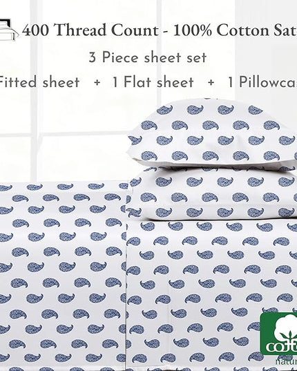 California Design Den Paisley Sheets for Twin-XL Size Bed, 100% Cotton Sheets Set Luxury 400 Thread Count Sateen, (Paisley Blue) - LeafyLoom