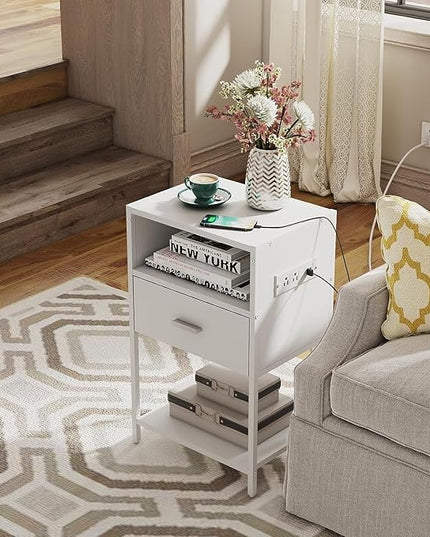 LDTTCUK Nightstand with Charging Station, Modern End Table with Drawer, White Bedside Table with Open Storage for Bedroom - LeafyLoom