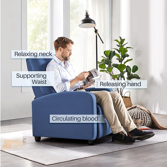 Yaheetech Fabric Recliner Chair Sofa Ergonomic Adjustable Single Sofa with Thicker Seat Cushion Modern Home Theater Seating for Living Room Light Blue - LeafyLoom