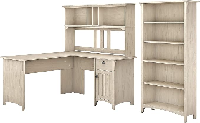 Bush Furniture Salinas 60W L Shaped Desk with Hutch and 5 Shelf Bookcase in Antique White - LeafyLoom