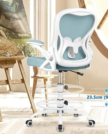 Drafting Chair, Tall Office Chair Ergonomic Standing Desk chair, Lumbar Support Computer Chair Swivel Task Rolling Chair with Adjustable Flip-up Armrests & Foot Ring (Light Blue) - LeafyLoom