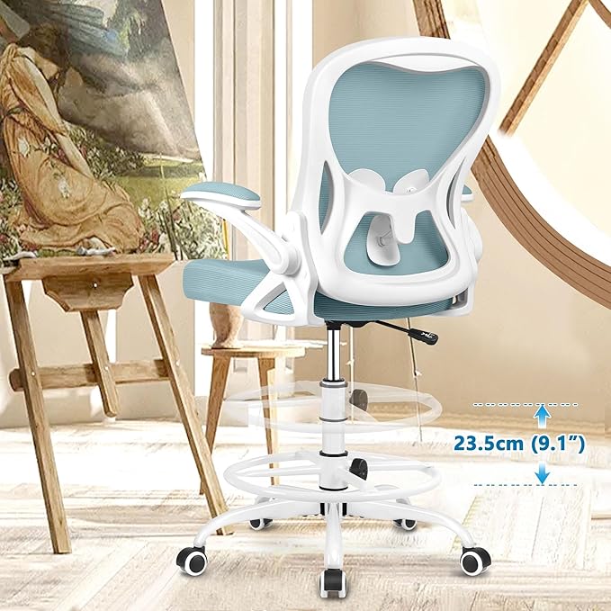Drafting Chair, Tall Office Chair Ergonomic Standing Desk chair, Lumbar Support Computer Chair Swivel Task Rolling Chair with Adjustable Flip-up Armrests & Foot Ring (Light Blue) - LeafyLoom