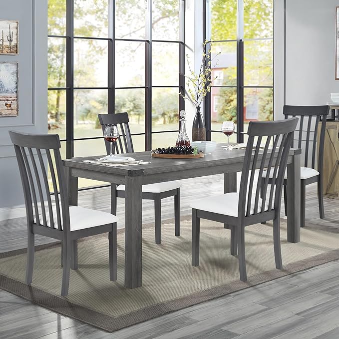 COLAMY Wooden Dining Chairs Set of 6, PU Leather Dining Room Kitchen Side Chair with Spindle High Back and Adjustable Foot Pegs - Grey - LeafyLoom