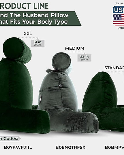 Husband Pillow XXL Aspen Edition, Adult Reading Sit Up Bed Rest Pillow for Bed with Arms & Neck Roll on Bungee Cord - Premium Memory Foam, Reversible 2 Sided Cover Micro Suede or Plush, Ramona Green - LeafyLoom