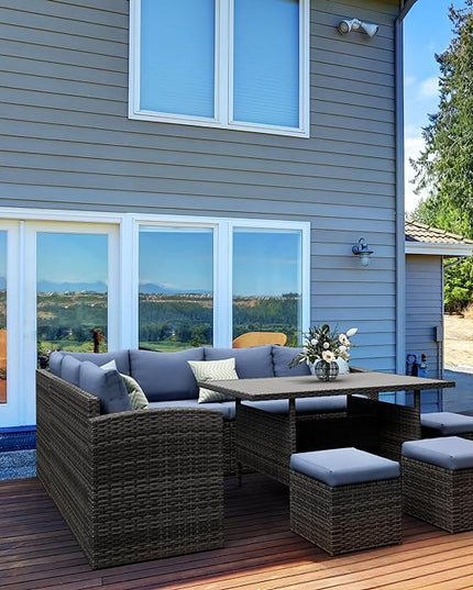 Solaste 7 Piece Outdoor Patio Furniture Set, Outdoor Sectional PE Rattan Patio Conversation Sofa with All Weather Dining Table Chair Set, Blue - LeafyLoom