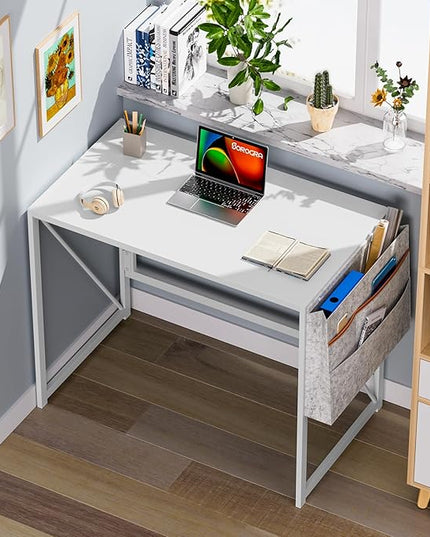 Folding Desk, Small Foldable Desk 31.5 Inch for Small Space, Computer Table Home Office Writing Desk with Storage Bag Headphone Hook, Easy Assembly, White - LeafyLoom