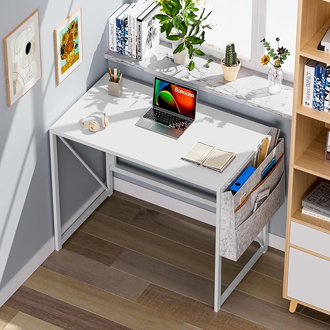 Folding Desk, Small Foldable Desk 31.5 Inch for Small Space, Computer Table Home Office Writing Desk with Storage Bag Headphone Hook, Easy Assembly, White - LeafyLoom