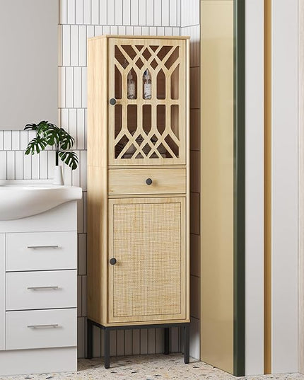 XIAO WEI 2-Piece Tall Cabinet Narrow Linen arched cabinet Storage Cabinet Natural Rattan Doors Fretwork Pattern Doors for Living Room Entryway Kitchen Home Office Bathroom - LeafyLoom