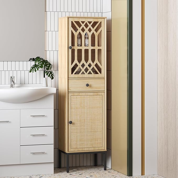 XIAO WEI 2-Piece Tall Cabinet Narrow Linen arched cabinet Storage Cabinet Natural Rattan Doors Fretwork Pattern Doors for Living Room Entryway Kitchen Home Office Bathroom - LeafyLoom
