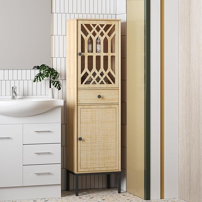 XIAO WEI 2-Piece Tall Cabinet Narrow Linen arched cabinet Storage Cabinet Natural Rattan Doors Fretwork Pattern Doors for Living Room Entryway Kitchen Home Office Bathroom - LeafyLoom